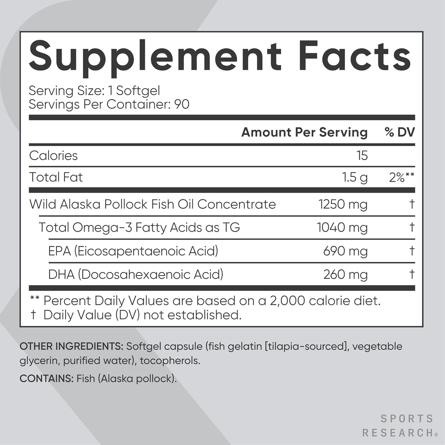Sports ResearchÂ® Omega-3 Fish Oil 1250 - Triple Strength Fish Oil Supplement from Wild Alaska Pollock - MSC Certified Sustainable Â· Non-GMO Â· Soy Free - 90 Softgel Capsules