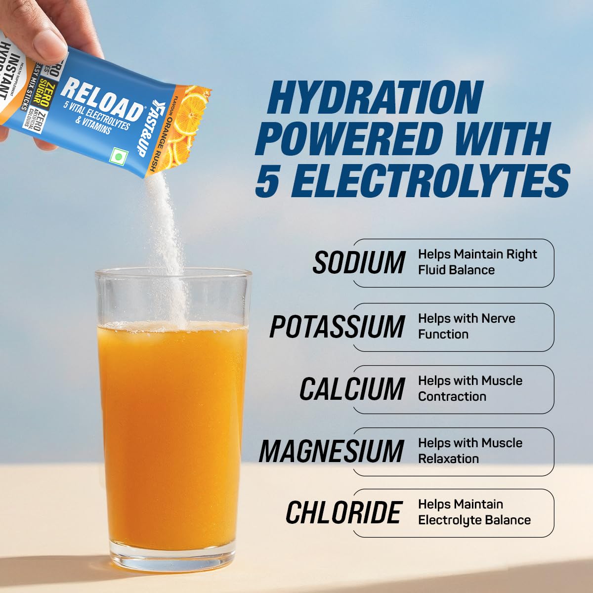 Fast&Up Reload Electrolytes Powder Sachets | Zero Added Sugar Hydration Drink with 5 Essential Electrolytes Vitamin C & B12 | Summer Heat, Workout Recovery, Travel & Wellness | Assorted Pack of 4 Sachets