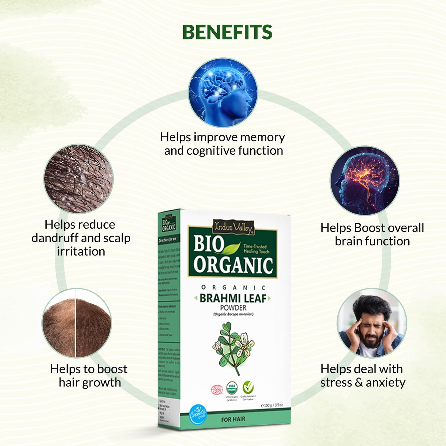 INDUS VALLEY Brahmi Leaf Powder 100g | Natural Ayurvedic Herb for Brain Health, Memory, Focus & Hair Care | Pure Bacopa Monnieri Supplement