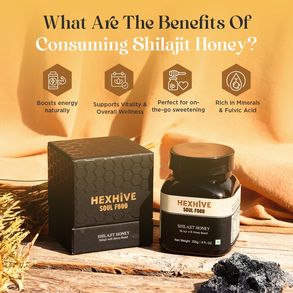 Hexhive Shilajit Honey | Raw Forest Honey | Himalayan Multifloral Honey Infused with Shilajit Extract | Energy & Vitality Boost | Immunity & Mental Clarity Support | No Added Sugar | 250g