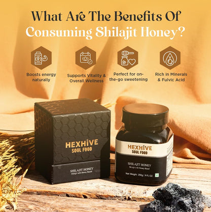Hexhive Shilajit Honey | Raw Forest Honey | Himalayan Multifloral Honey Infused with Shilajit Extract | Energy & Vitality Boost | Immunity & Mental Clarity Support | No Added Sugar | 250g