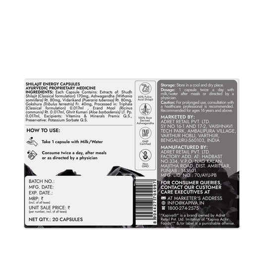 Kapiva Shilajit/Shilajeet Energy 20 Capsules | Made with 100% Pure Shilajit | For All Day Energy & Stamina | With Ashwagandha,Gokshura | 100% Ayurvedic