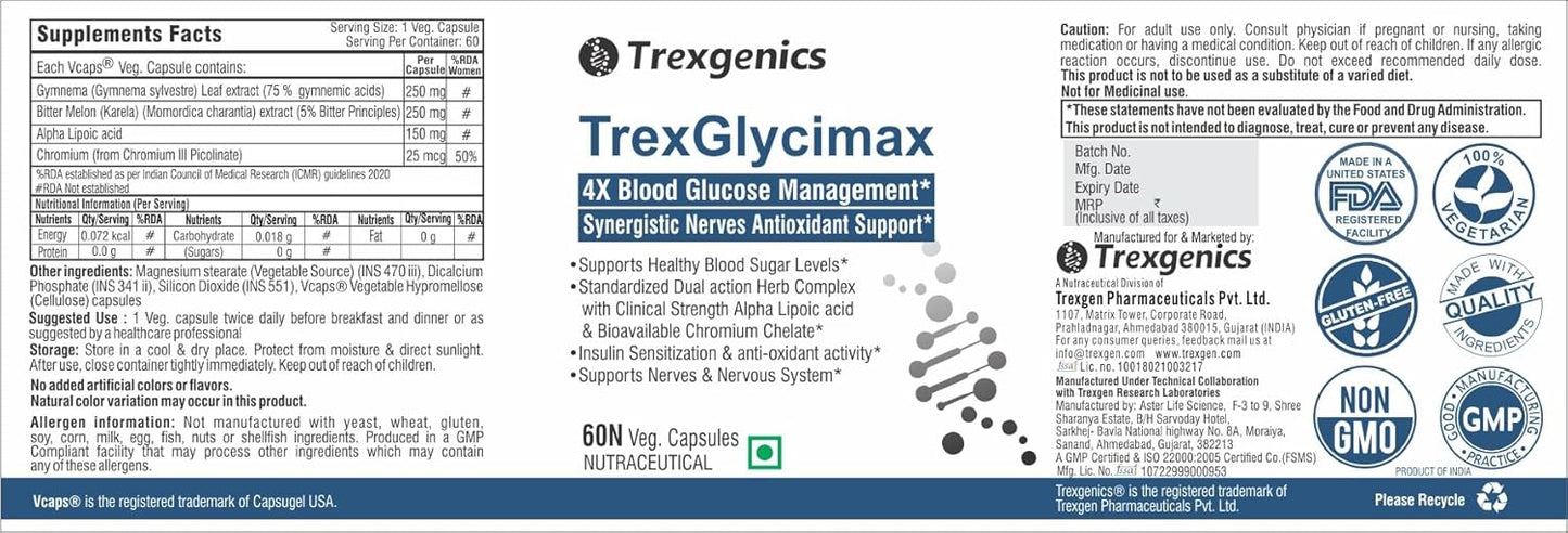 TrexgenicsÂ® TREXGLYCIMAX 4X Sugar level + Nerve Antioxidant Support with Gymnema Sylvestre 75% 250mg, Bitter Melon 5% 250mg, Alpha Lipoic acid 150mg & Chromium Picolinate (60 Veg. Capsules)