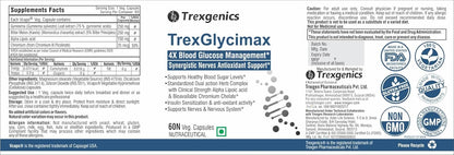 TrexgenicsÂ® TREXGLYCIMAX 4X Sugar level + Nerve Antioxidant Support with Gymnema Sylvestre 75% 250mg, Bitter Melon 5% 250mg, Alpha Lipoic acid 150mg & Chromium Picolinate (60 Veg. Capsules)