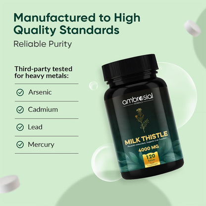 Ambrosial Milk Thistle 4000 mg | High Strength Liver Support Antioxidant | Liver Detox Supplement (Pack of 1-120 Tablets)