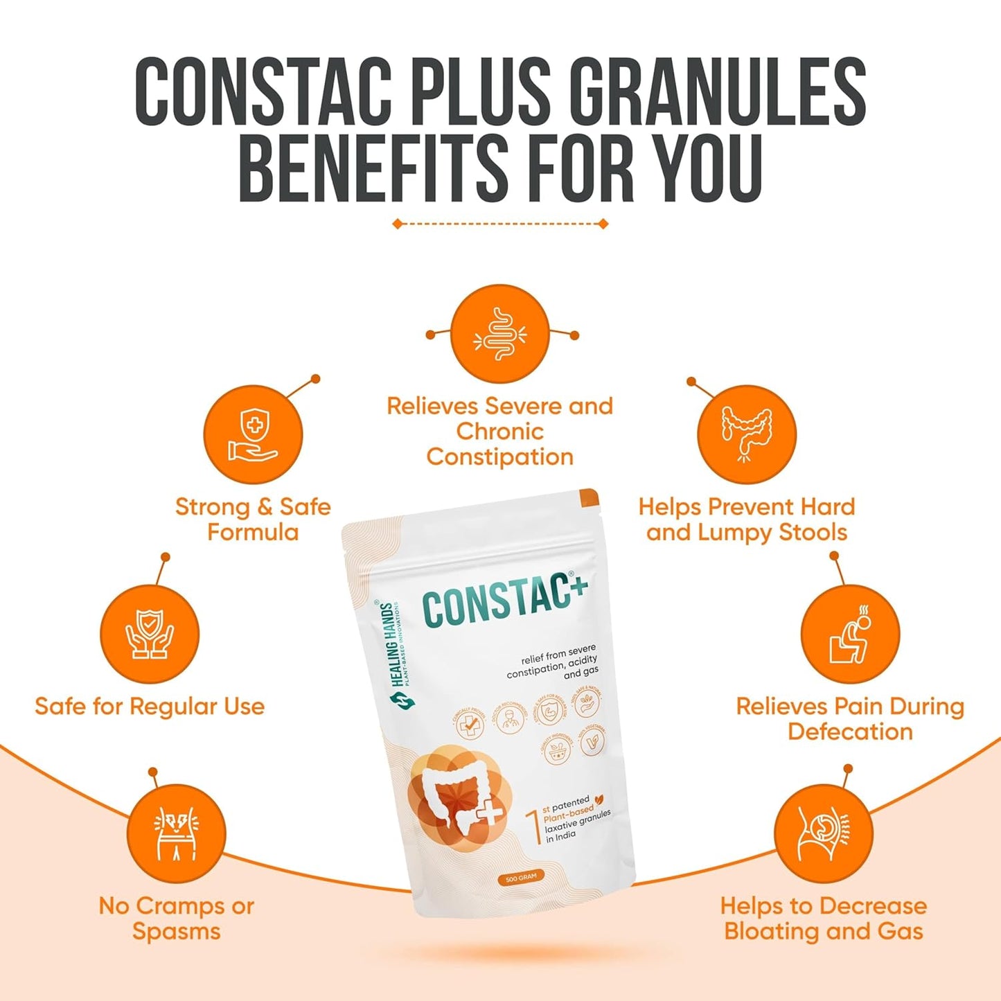 Healing Hands Constac Plus for Relief in Severe Constipation, Acidity and Gas, Plant Based Natural Constipation Solution, Clinically Proven, Herbal, Strong â€“ 500 gm (Granules)