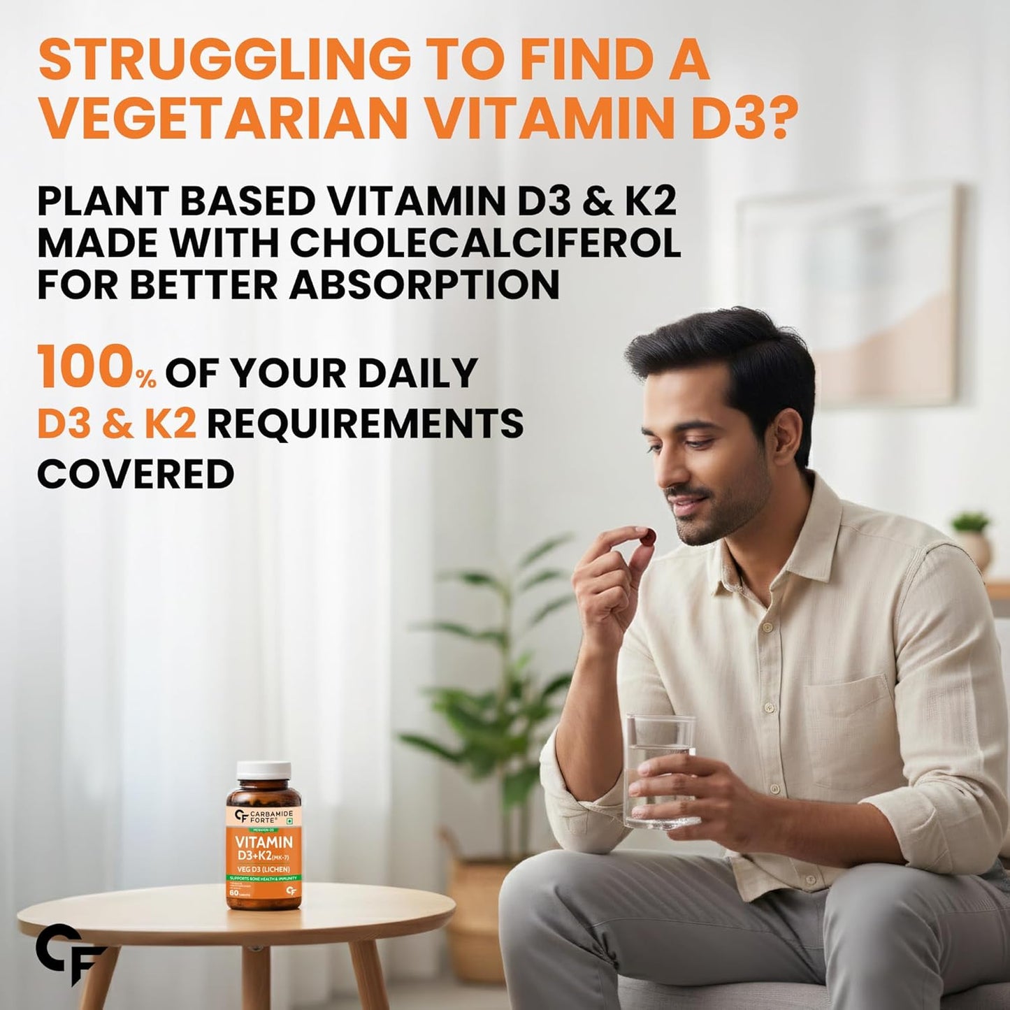Carbamide Forte Vitamin D3 K2 Supplement | Vitamin K2 MK7 To Support Bone & Heart Health | Veg D3 - Lichen - 60 Tablets