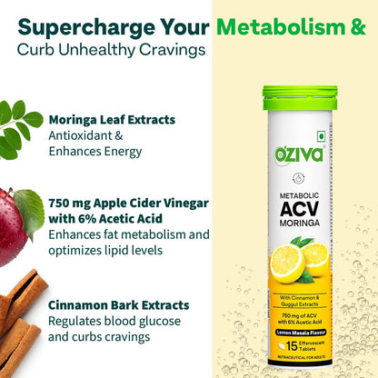 OZiva ACV Moringa | Control Cravings I Apple Cider Vinegar, Cinnamon, Guggul I No Maltodextrin & No Added Sugar I 15 Effervescent Tablets - Lemon Masala, Pack of 2 (30 Tablets)