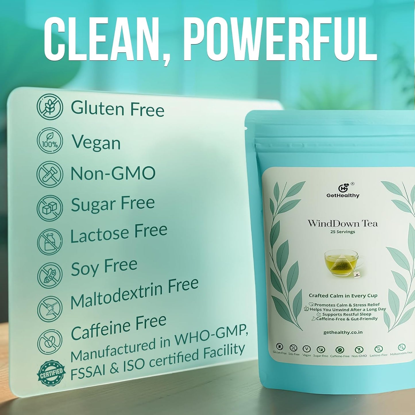 GetHealthy® WindDown Tea™ for Sleep | Caffeine Free Bedtime Herbal Blend with Chamomile, Ashwagandha & Lavender | Relaxing Sleep Tea for Nighttime Calm | Premium Chamomile Tea Bags | 25 Pyramid Bags