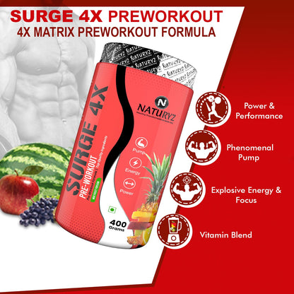 Naturyz Surge 4X Pre Workout, 400g Powder (Mix fruit fusion flavour) with 4000mg Beta-Alanine, 3500mg L- Citrulline,Creatine,L- Arginine & Aminos