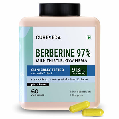 Cureveda Berberine 97% with Milk Thistle & Gymnema | Clinically Tested Gluco Guide Blend For Glucose Control | Supports Weight Management and Glucose Level - 913mg Per Serving - 60 Capsules