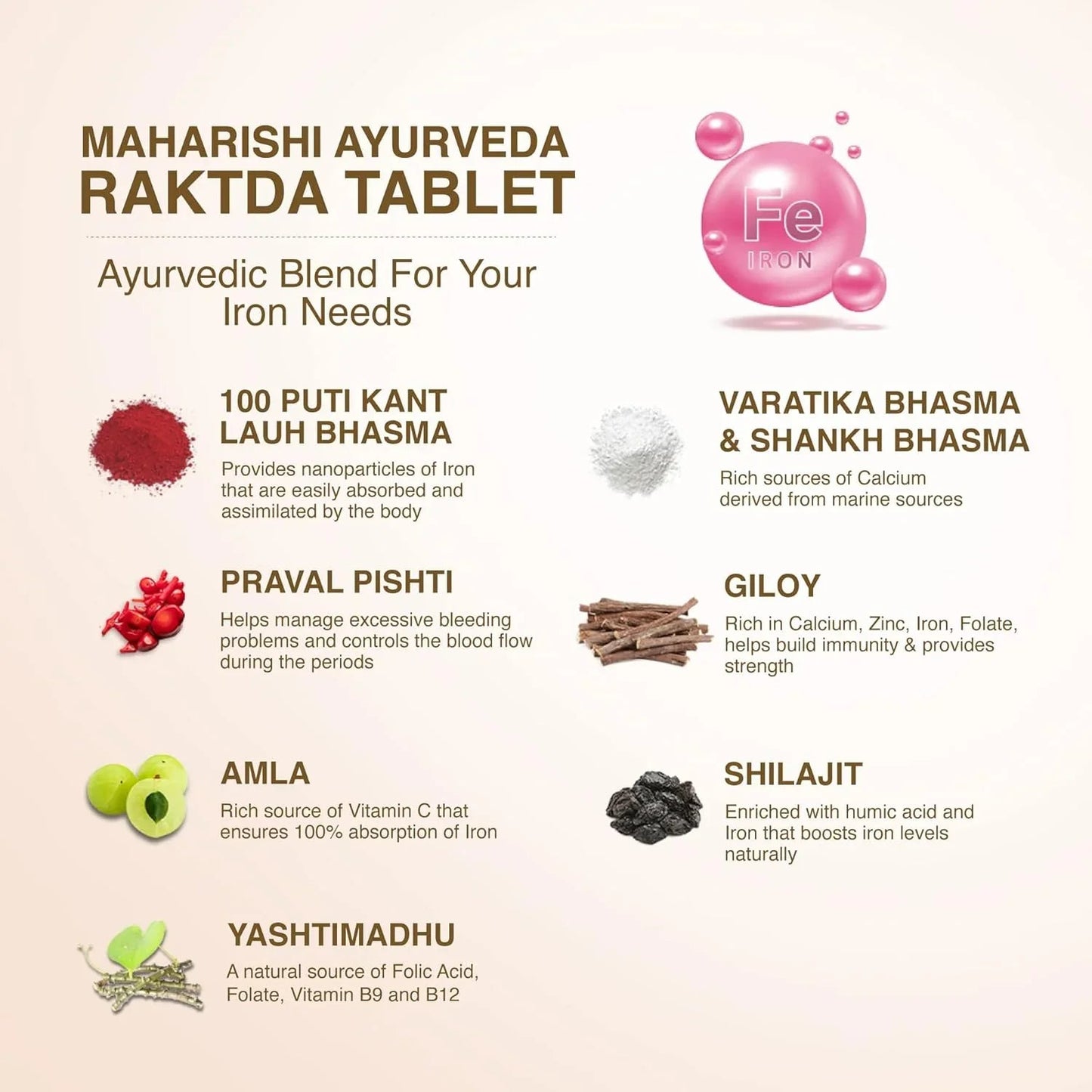 Maharishi Ayurveda Raktda Iron Management Tablets For Men&Women | Ayurvedic Iron Supplement With Vitamin C&Calcium | Maintains Haemoglobin Levels | Boosts Energy | Improves Skin&Hair Health | 60 Tablets