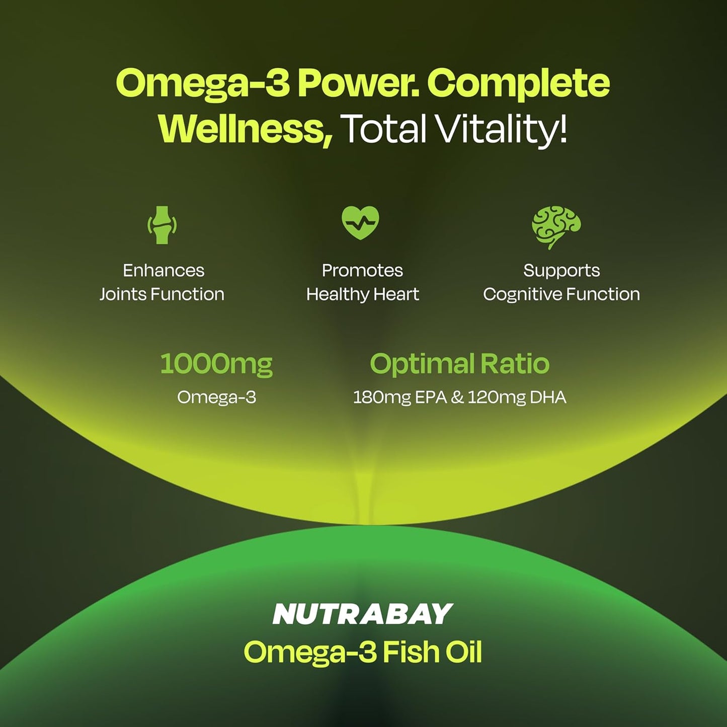 Nutrabay Wellness Omega 3 Fish Oil 1000mg per Capsule, 180mg EPA, 120mg DHA â€“ Vision, Memory, Heart, Skin & Hair Support, No Fishy Aftertaste â€“ 60 Softgel Capsules | Tested for Purity | 100% Authentic