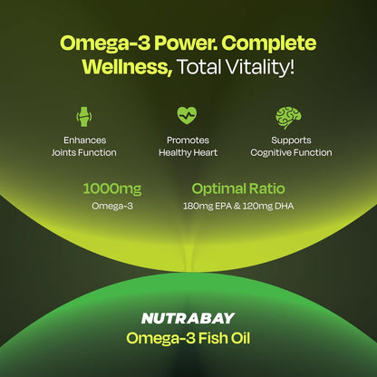 Nutrabay Wellness Omega 3 Fish Oil 1000mg per Capsule, 180mg EPA, 120mg DHA â€“ Vision, Memory, Heart, Skin & Hair Support, No Fishy Aftertaste â€“ 60 Softgel Capsules | Tested for Purity | 100% Authentic