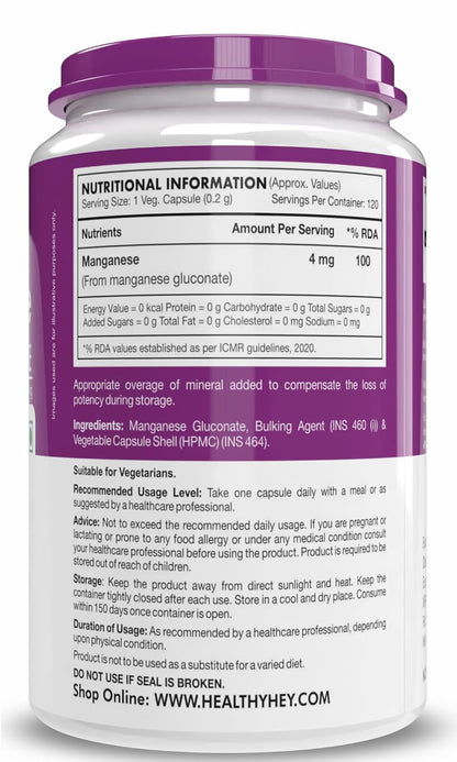 HealthyHey Nutrition Manganese Gluconate - Hypoallergenic Trace Mineral Supplement for Connective Tissue and Bones - 120 Capsules