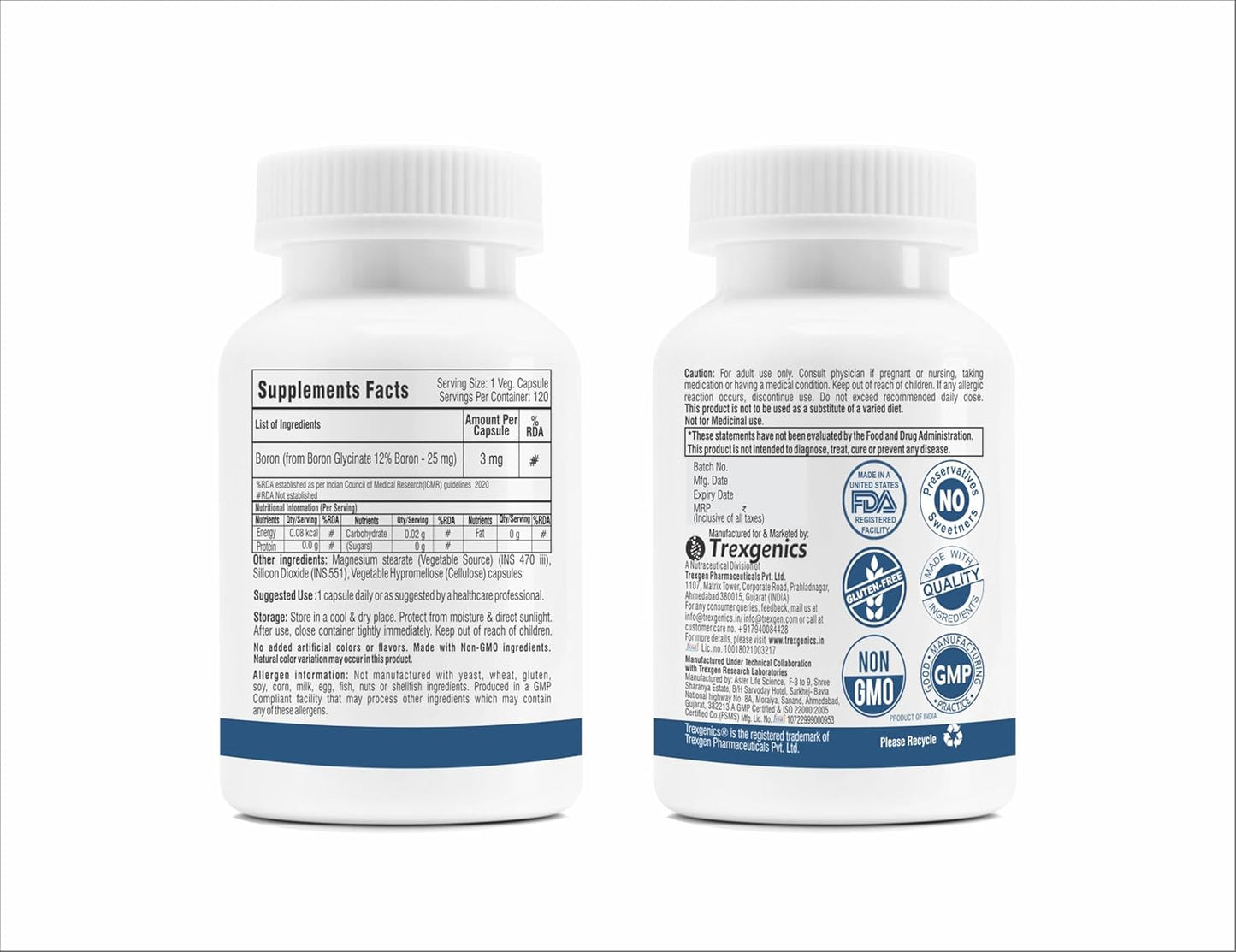 Trexgenics Boron 3 mg from Boron Glycinate 25 mg Multi-action Mineral, Bone, Cognitive Function & Joint Health (120 Veg Capsules)