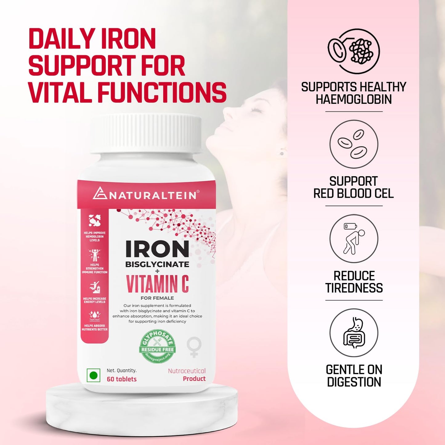 NATURALTEIN Iron Bisglycinate with Vitamin C â€“ 60 Tablets | 14 mg Elemental Iron | Gentle on Stomach | Supports Womenâ€™s Energy, Vitality & Healthy Blood Levels