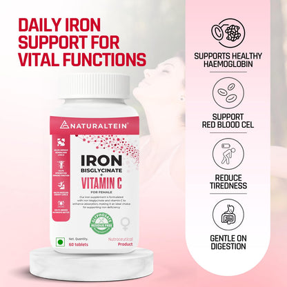 NATURALTEIN Iron Bisglycinate with Vitamin C â€“ 60 Tablets | 14 mg Elemental Iron | Gentle on Stomach | Supports Womenâ€™s Energy, Vitality & Healthy Blood Levels