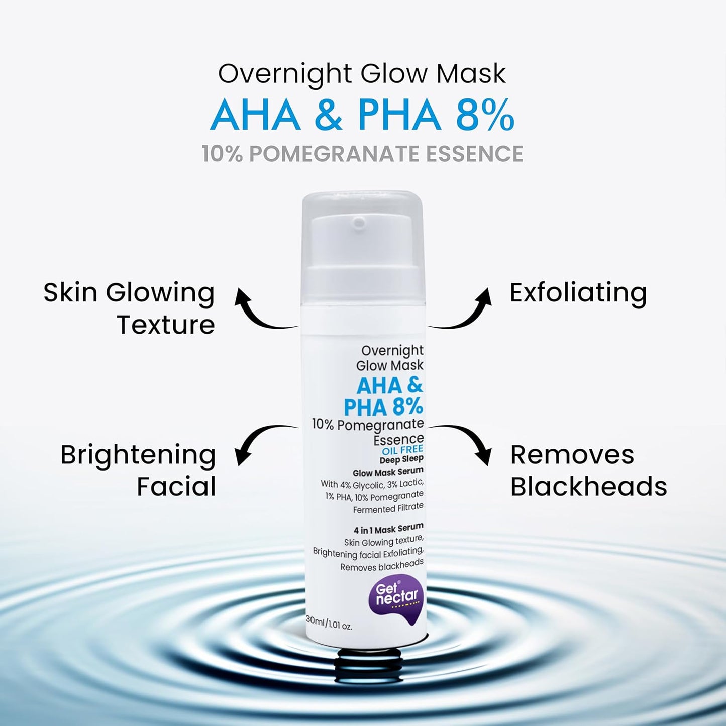 Get Nectar Happiness Overnight Glow Mask Aha & Pha 8% (Oil Free) with 10% Pomegranate Essence for Skin Glowing Texture, Brightening Facial Exfoliating, Removes Blackheads (30ml)