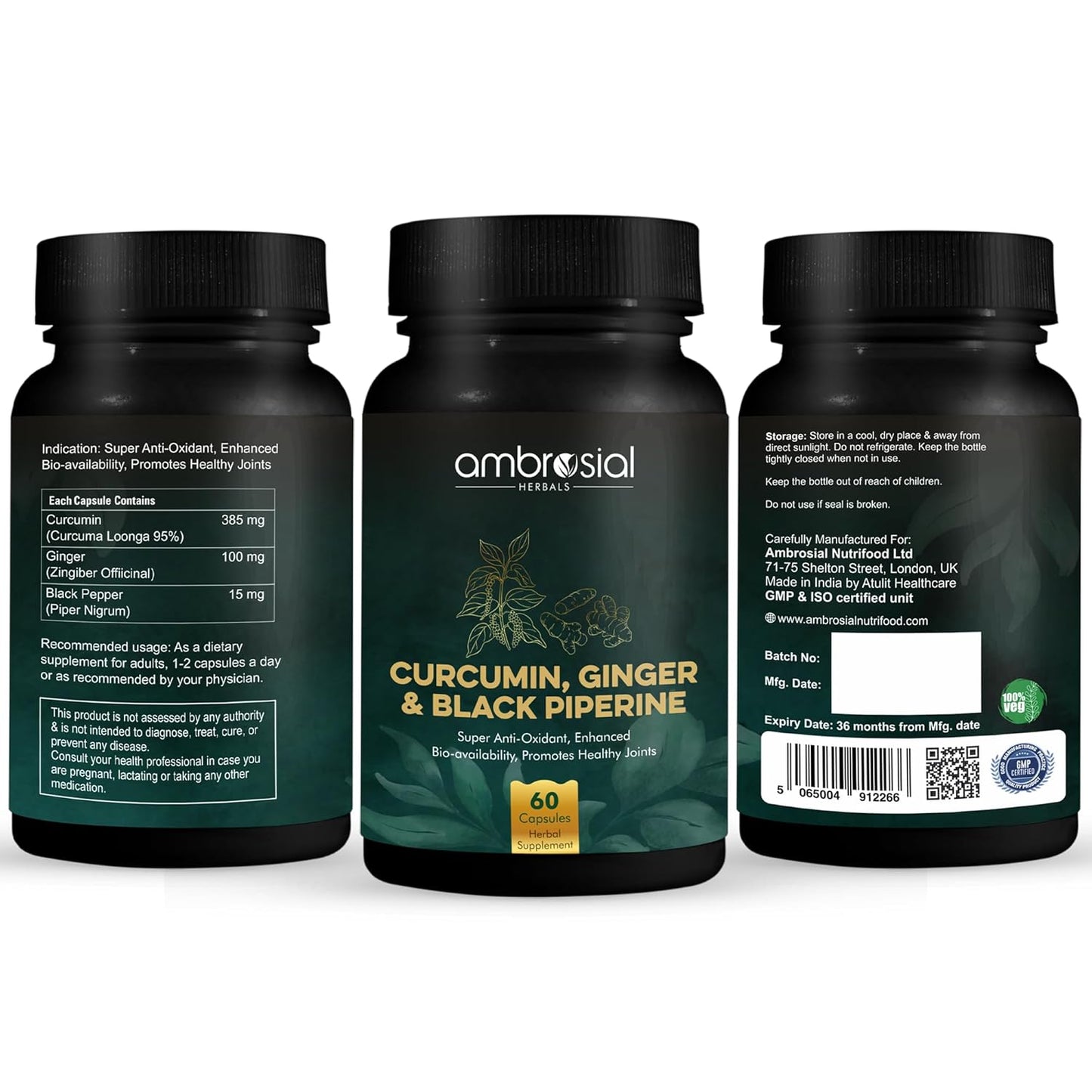 Ambrosial Curcumin Capsules With Turmeric and Black Pepper with Ginger | High Strength Tablets with Enhanced Absorption | 95% Curcuminoids Curcumin with Piperine (Pack of 1-60 Capsules)