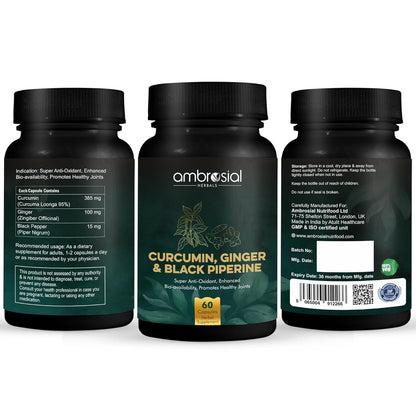 Ambrosial Curcumin Capsules With Turmeric and Black Pepper with Ginger | High Strength Tablets with Enhanced Absorption | 95% Curcuminoids Curcumin with Piperine (Pack of 1-60 Capsules)