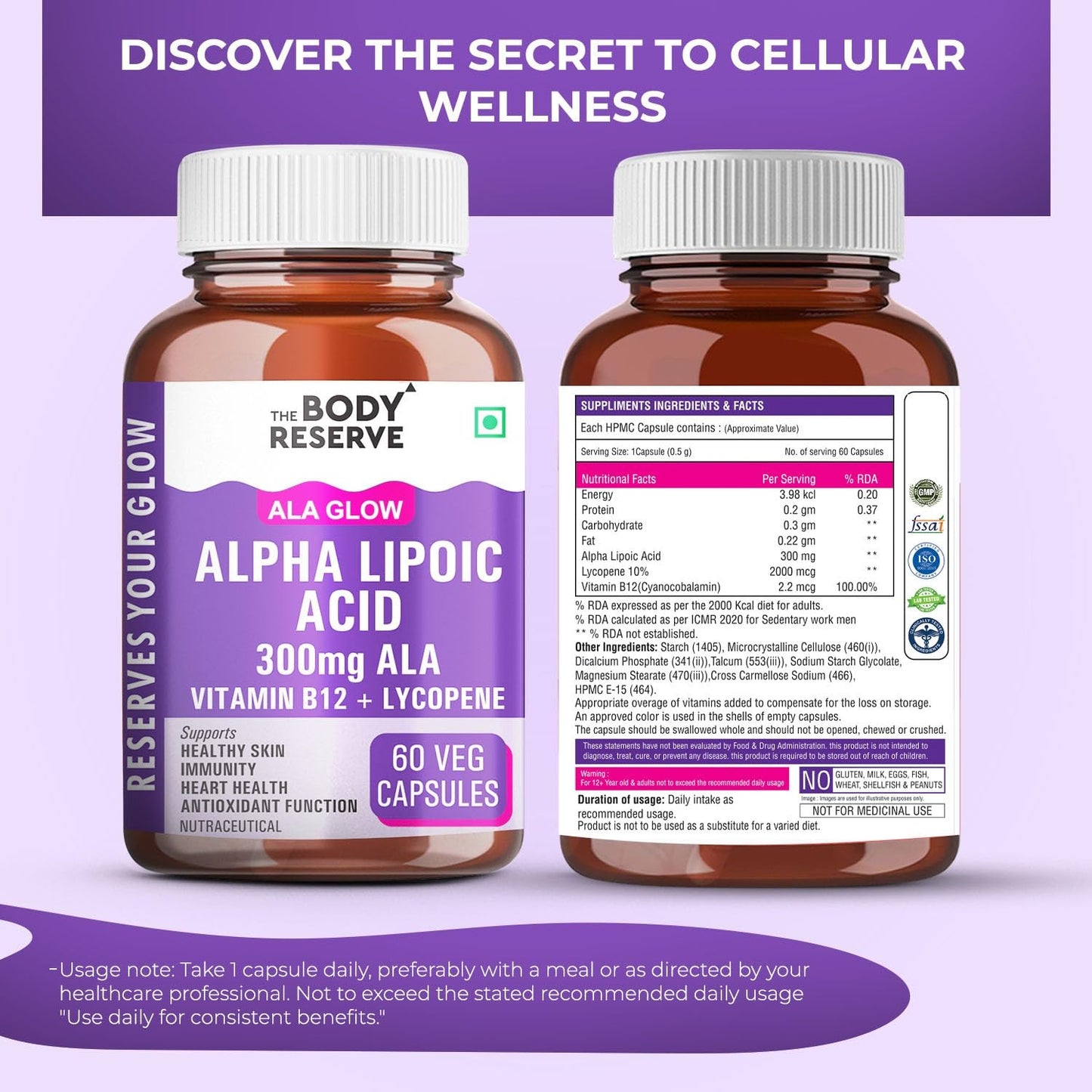 The Body Reserve Alpha Lipoic Acid 300mg with Lycopene & Vitamin B12 | Nerve Health, Energy, Antioxidant & Healthy Blood Sugar Support | Vegan, Non-GMO, 60 Tablets