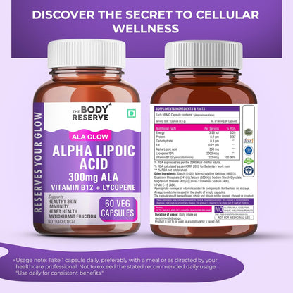 The Body Reserve Alpha Lipoic Acid 300mg with Lycopene & Vitamin B12 | Nerve Health, Energy, Antioxidant & Healthy Blood Sugar Support | Vegan, Non-GMO, 60 Tablets