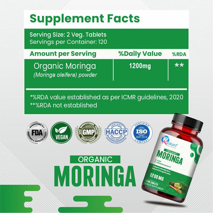 Organic Moringa Tablet with 1200mg Leaves Extract | Powder Tablets for Immunity, Digestion & Energy | Organic Leaves 120 Tablets