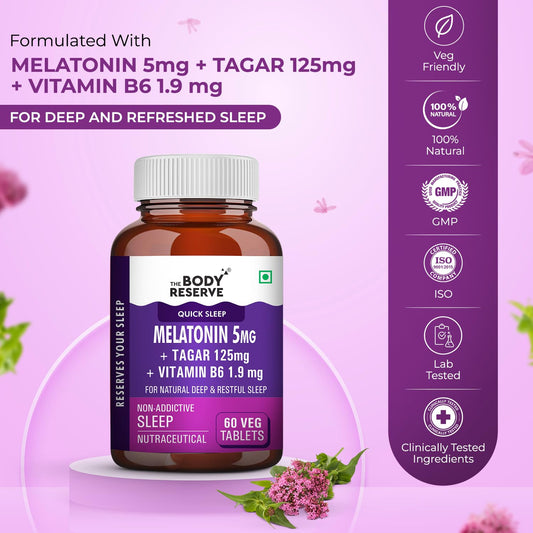 The Body Reserve Melatonin 5mg with Tagar 125mg for Natural Sleep Aid, Muscle Recovery, Nerve Relaxation, and Stress Relief Non-Habit Forming Sleep Aid for Men & Women (60 Veg Tablets)