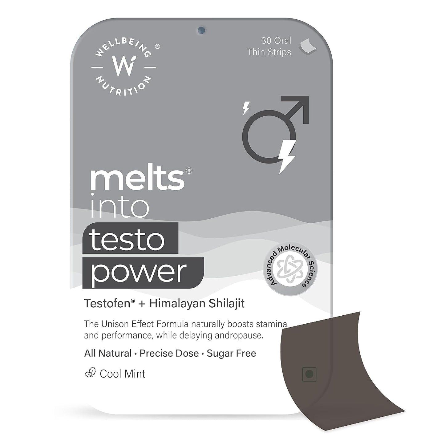 Wellbeing Nutrition meltsÂ® Testo Power | TestofenÂ®, Himalayan Shilajit, Ginkgo biloba | Plant-Based | Supports Healthy Testosterone Levels, Performance, Stamina & Energy | 30 Oral Strips
