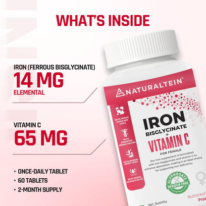 NATURALTEIN Iron Bisglycinate with Vitamin C â€“ 60 Tablets | 14 mg Elemental Iron | Gentle on Stomach | Supports Womenâ€™s Energy, Vitality & Healthy Blood Levels