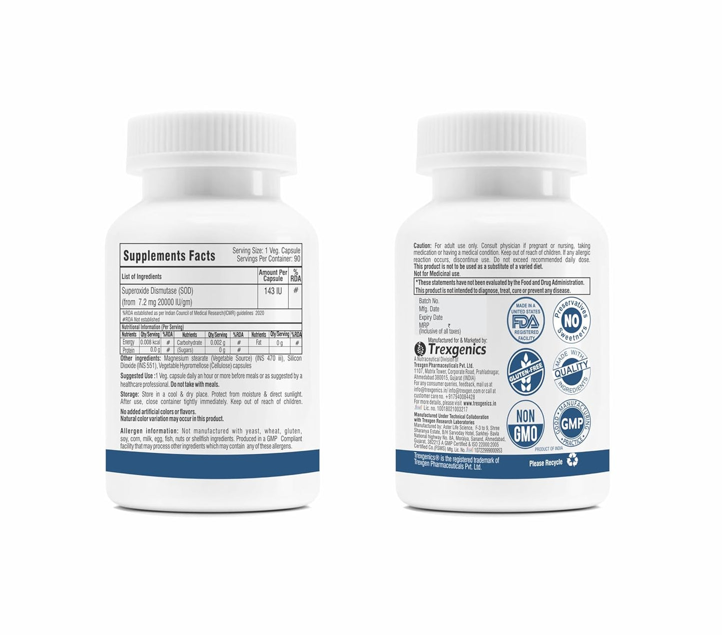 Trexgenics SUPEROXIDE DISMUTASE - SOD 143 IU Antioxidant, Immunity, Healthy Aging, Free radical scavenger (90 Veg Capsules)