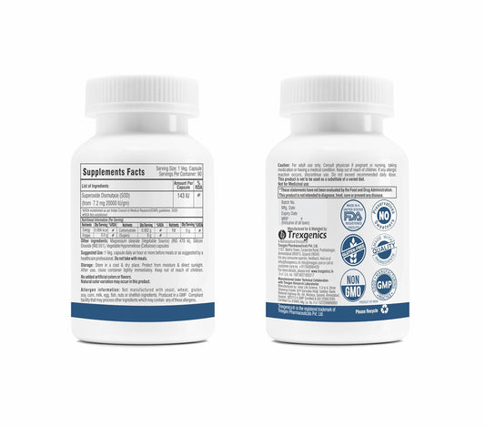 Trexgenics SUPEROXIDE DISMUTASE - SOD 143 IU Antioxidant, Immunity, Healthy Aging, Free radical scavenger (90 Veg Capsules)