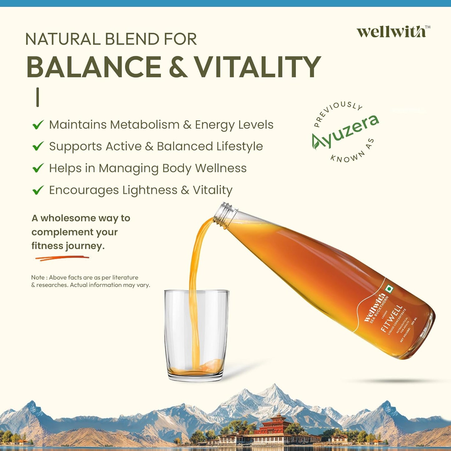 Wellwith by Ayuzera Sea Buckthorn Fitwin(Fitwell) Juice 300ml | Makes 50 Glasses | Natural Vitamin C, Omega 3 6 7 9, Antioxidants | Immunity, Skin Glow & Gut Health Support | Herbal Juice Supplement