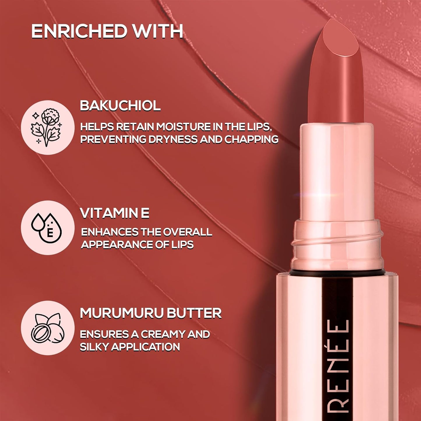 RENEE Everstay Long Stay Matte Lipstick - Coral Pep, Hydrating & Non-Drying, Smudge-Proof, Lightweight, Long Lasting, Intense Pigment, Full Coverage, Vitamin E Infused, For All Occasions, 4.2g