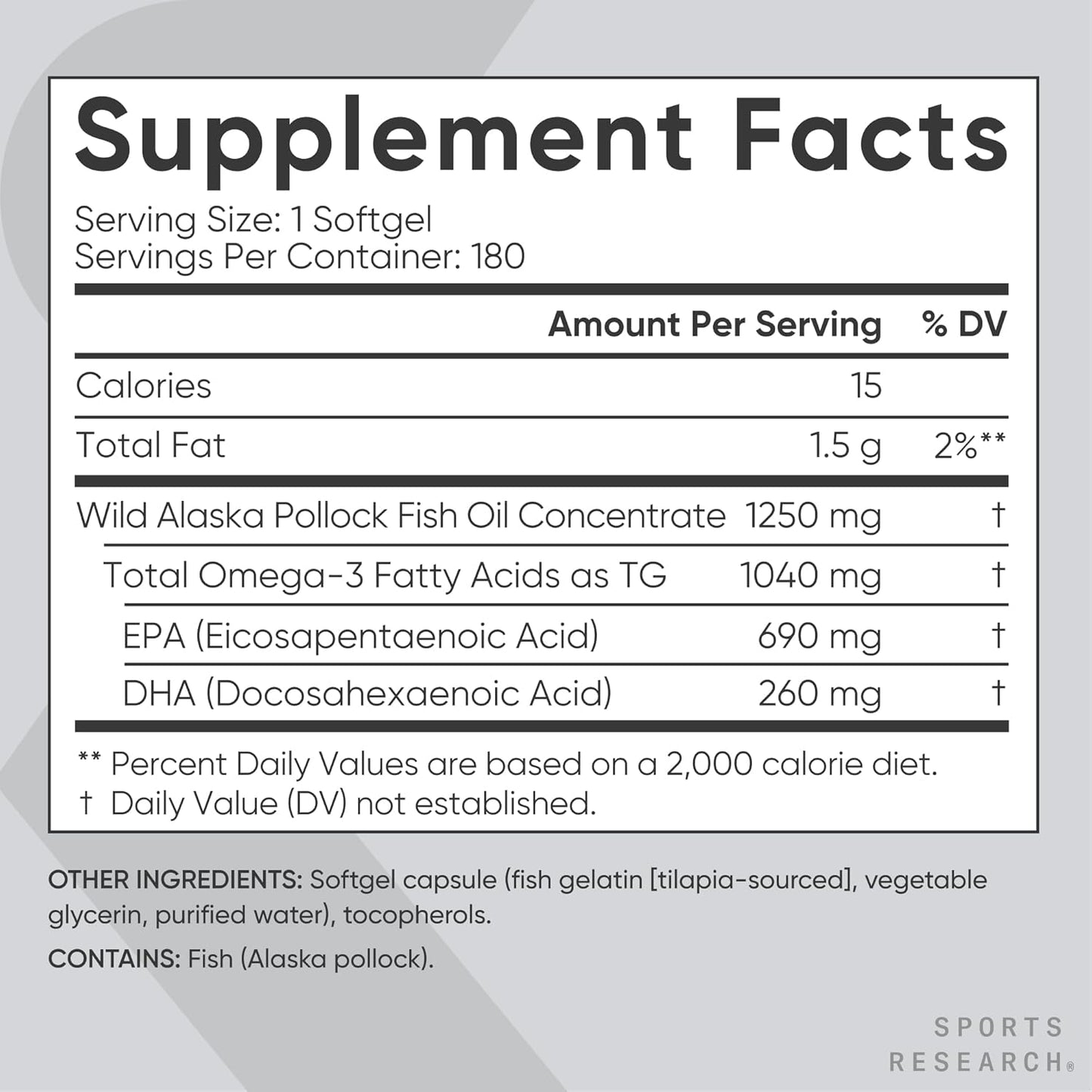 Sports ResearchÂ® Omega-3 Fish Oil 1250 - Triple Strength Fish Oil Supplement from Wild Alaska Pollock - MSC Certified Sustainable Â· Non-GMO Â· Soy Free - 180 Softgel Capsules