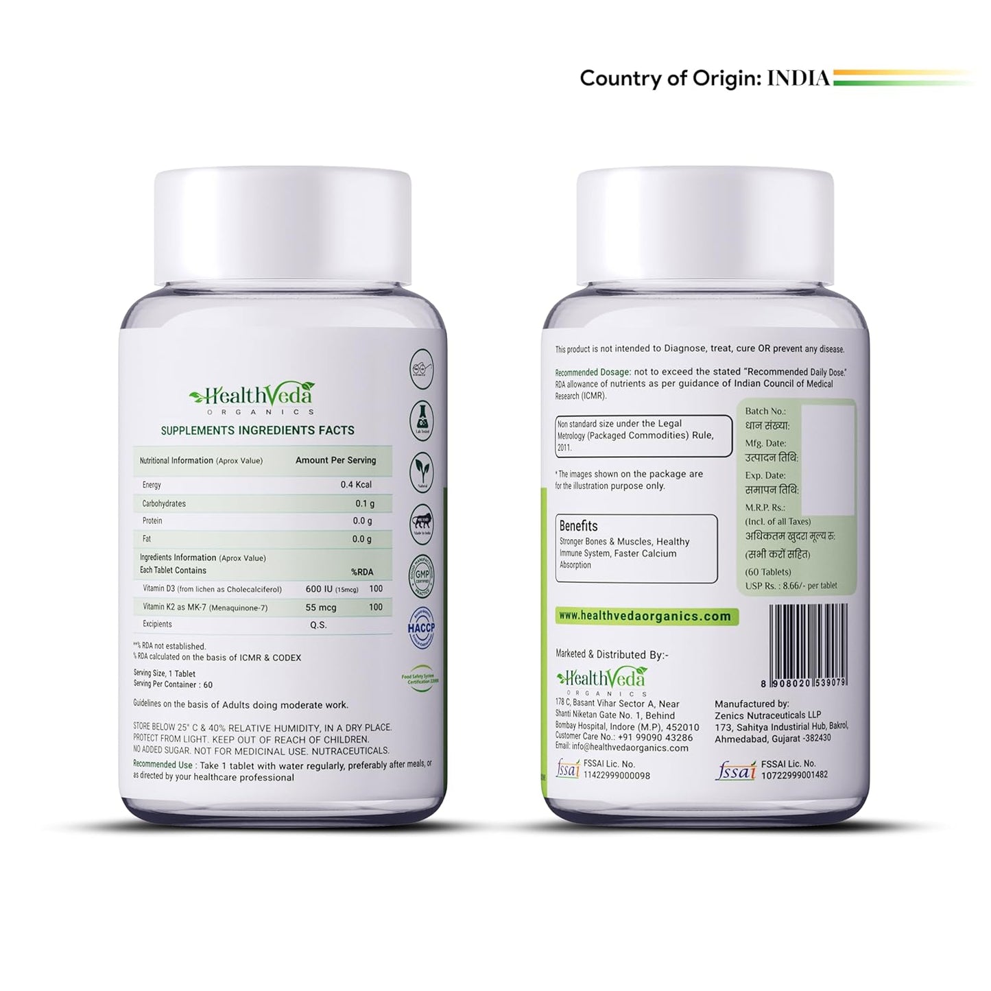HEALTH VEDA ORGANICS PRIVATE LIMITED Vitamin D3 (600 IU) + Vitamin K2 as Mk7 (55Mcg) | 60 Veg Tablets | Supports Healthy Bones, Boosts Immune System | For Men & Women