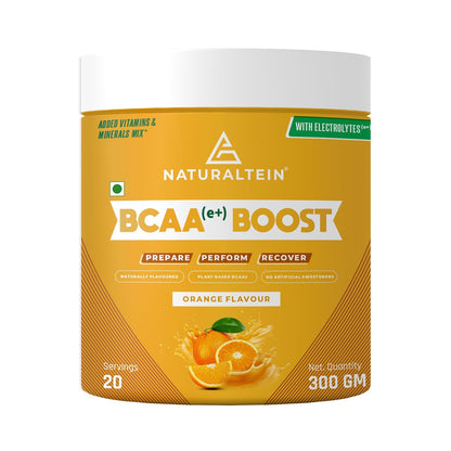 Naturaltein BCAA E+ Boost - Vegan BCAAs with Electrolytes, Vitamins & Minerals - 300g Clean Energy Drink - Natural Orange