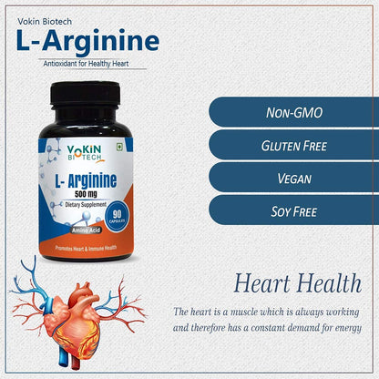 Vokin Biotech L Arginine 500mg 90 Capsules With Essential Amino Acid and Nitric Oxide
