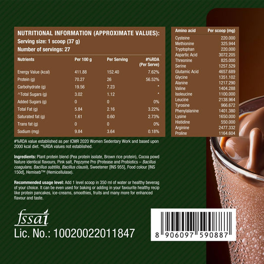 Fast&Up Plant Protein Powder with Rich Chocolate Flavour | Pea Isolate & Rice Protein | 26gm Protein Per Serve | Complete Amino Acids with 4.6g BCAA | Smooth & Tasty with No Added Sugar | Easy to Digest | Tested & Certified, 1kg Pouch