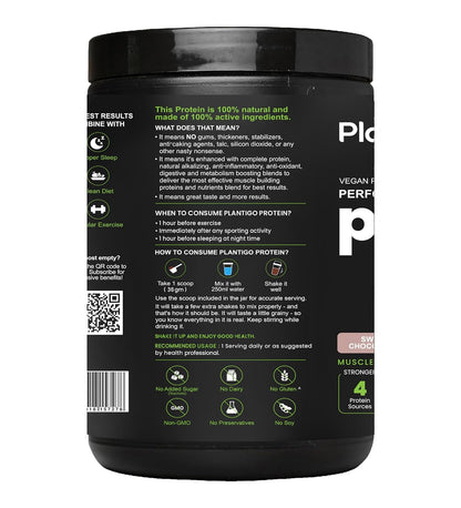 Plantigo Clean Protein Powder Men & Women | 24g Plant Protein, 4.4g BCAA, 2g Leucine, 4g Fiber | No Sugar, No Dairy, No Preservatives | 4x Fast Digest, Stress & Muscle Recovery | Swiss Chocolate 500g