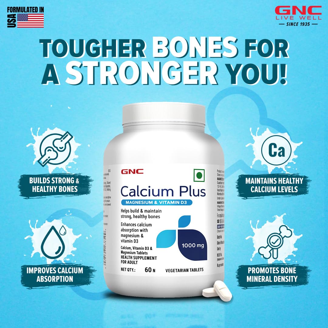 GNC Calcium Plus With Magnesium & Vitamin D3 | 60 Tablets | Strengthens Bones | Supports Strong Teeth | Promotes Healthy Muscle Contraction | Formulated in USA | 1000mg Per Serving