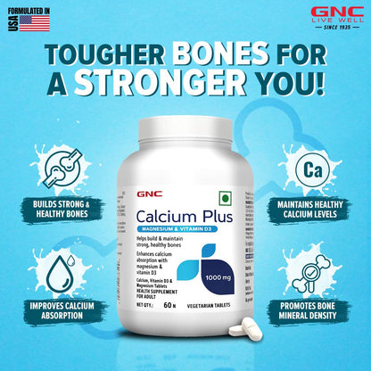 GNC Calcium Plus With Magnesium & Vitamin D3 | 60 Tablets | Strengthens Bones | Supports Strong Teeth | Promotes Healthy Muscle Contraction | Formulated in USA | 1000mg Per Serving