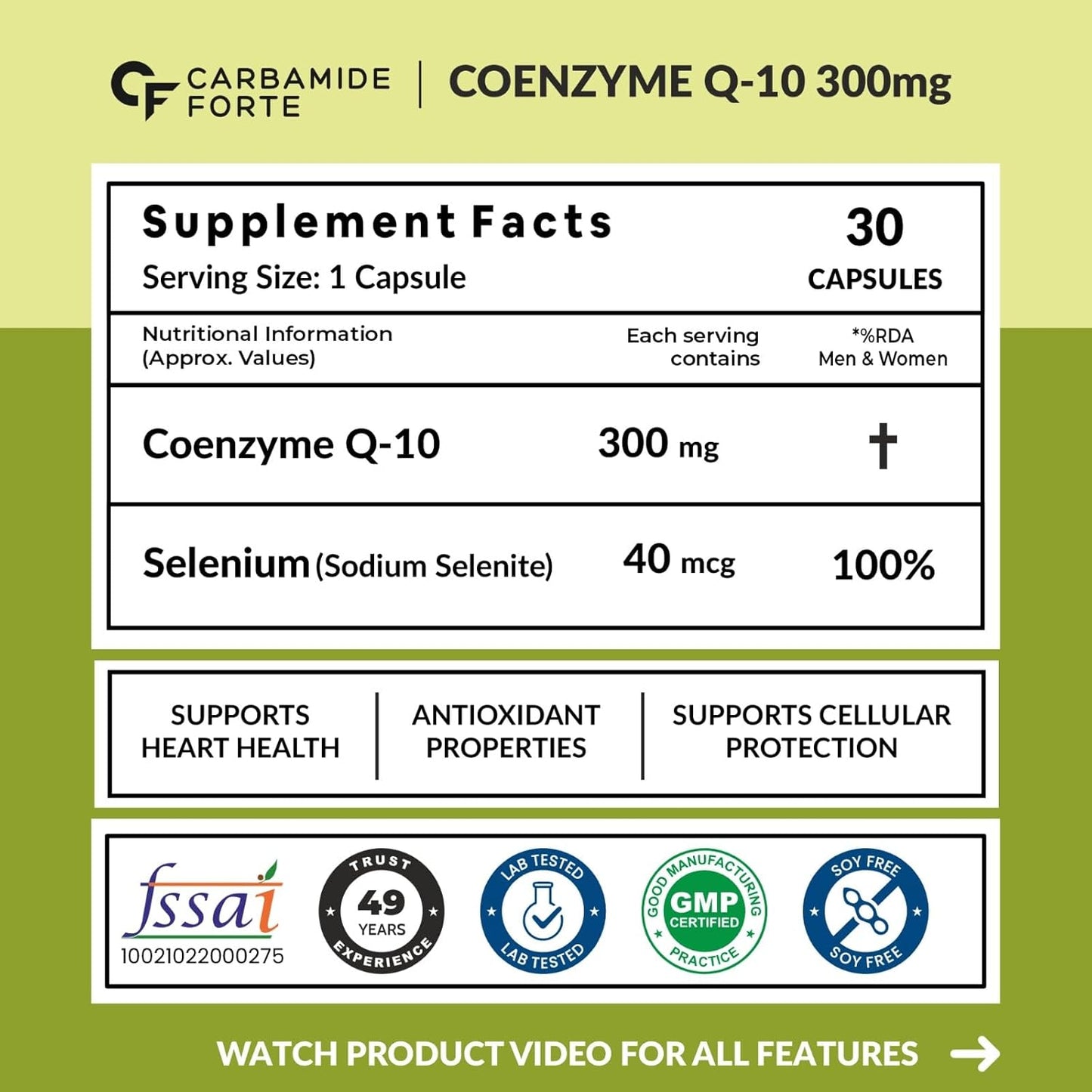 Carbamide Forte Coenzyme Q10 | CoQ10 Supplement 300mg with Selenium 40mcg | Coq10 Ubiqinol Supports Heart Health and Vascular Health | 100% Vegetarian â€“ 30 Capsules (pack of 1)