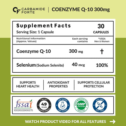 Carbamide Forte Coenzyme Q10 | CoQ10 Supplement 300mg with Selenium 40mcg | Coq10 Ubiqinol Supports Heart Health and Vascular Health | 100% Vegetarian â€“ 30 Capsules (pack of 1)