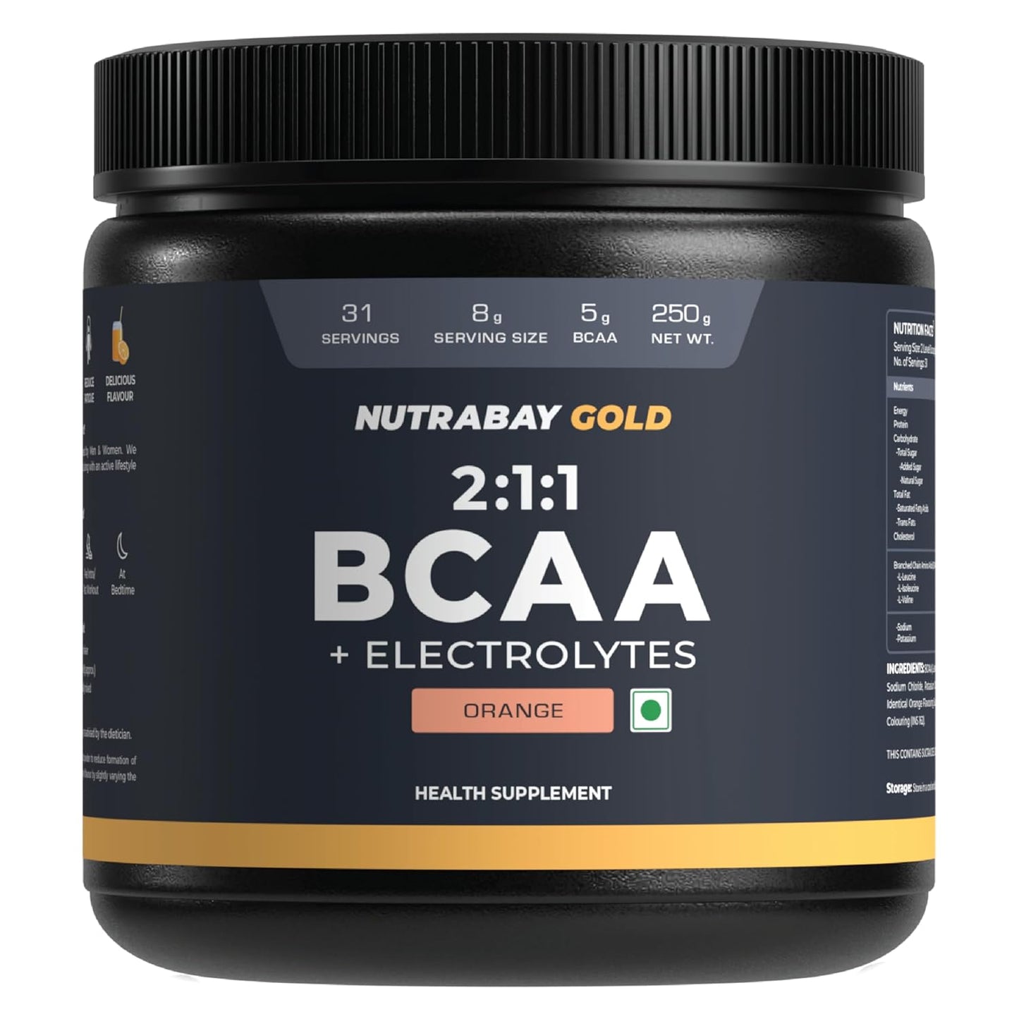 Nutrabay Gold BCAA 2:1:1 with Electrolytes 5000 mg Vegan BCAAs per Serving â€“ Pre/Post Workout Energy Drink for Muscle Build Up, Faster Recovery - Tested for Purity - No Banned Substancesâ€“ 250g, Orange