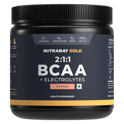 Nutrabay Gold BCAA 2:1:1 with Electrolytes 5000 mg Vegan BCAAs per Serving â€“ Pre/Post Workout Energy Drink for Muscle Build Up, Faster Recovery - Tested for Purity - No Banned Substancesâ€“ 250g, Orange