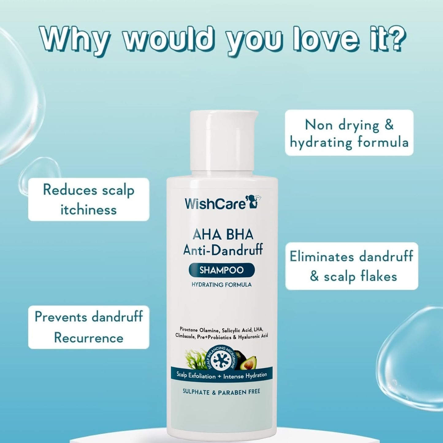 WishCare Hydrating Anti Dandruff Shampoo | 100% Dandruff Reduction | Removes Flakes & Hydrates Scalp | Proven Clinically | Piroctone Olamine, Salicylic Acid, AHA & BHA | Paraben & Sulphate Free | For Women And Men | 120ml