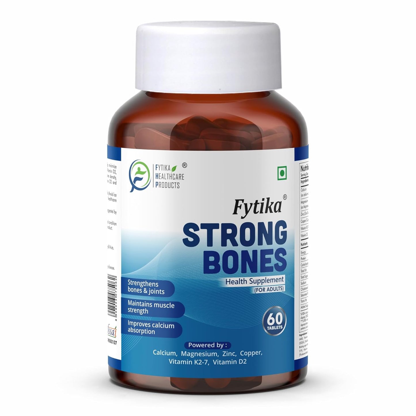 Fytika Strong Bones - 60 TABS (Pack of 1) | Calcium 1000mg + Vitamin D3 400IU Supplement with Magnesium, Zinc,Coper & Vitamin K2 for Complete Bone, Joint & Muscle Health - Women and Men