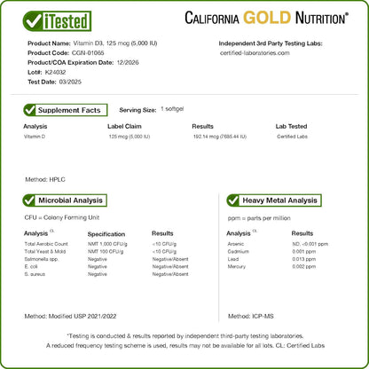 California Gold Nutrition Vitamin D3 Supplement Support for Healthy Bones & Teeth - Immune System Support - Gluten Free, Non-GMO - 125 mcg (5,000 IU) - 90 Fish Gelatin Softgels
